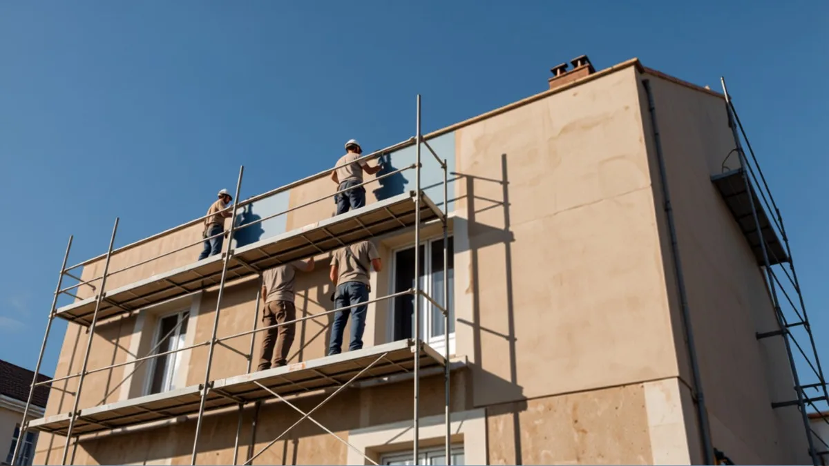 Façade de maison en cours d'isolation thermique par l'extérieur avec panneaux isolants et échafaudage