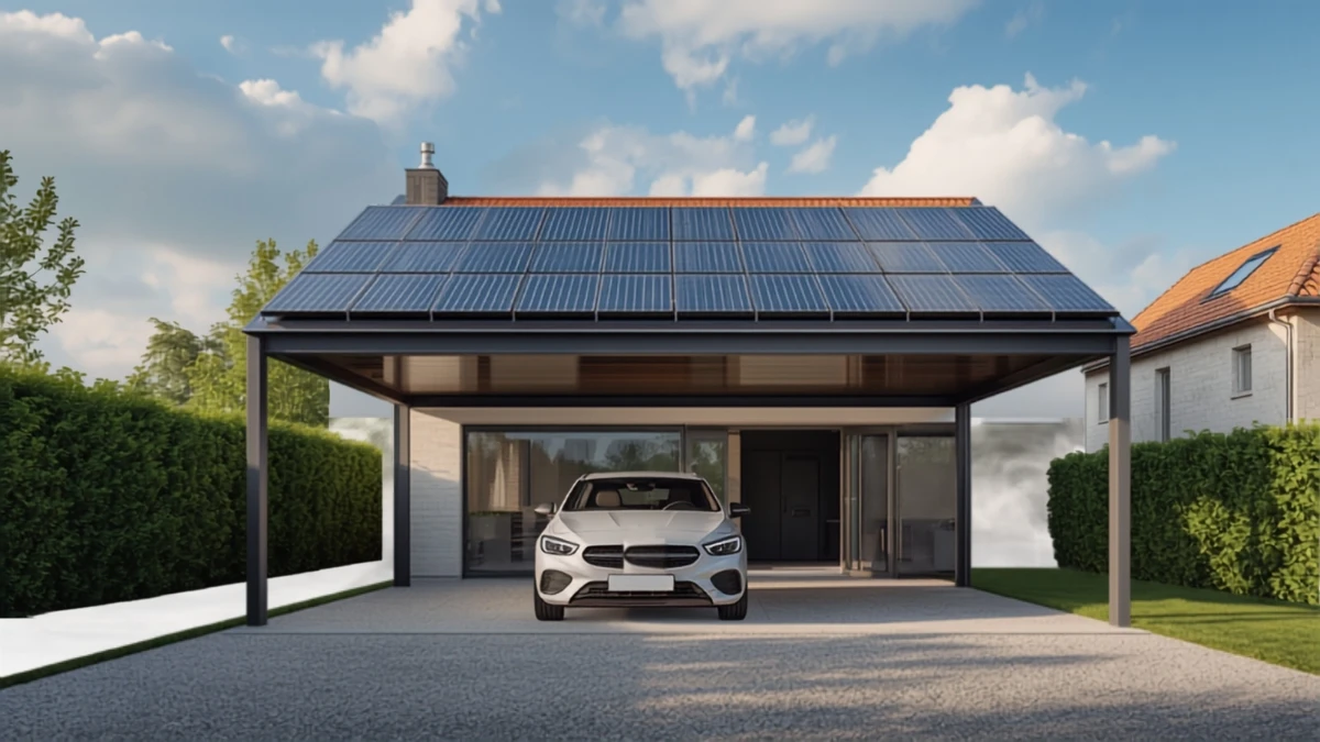 Carport solaire à structure aluminium anthracite, toit entièrement couvert de panneaux photovoltaïques, voiture garée dessous devant une maison individuelle