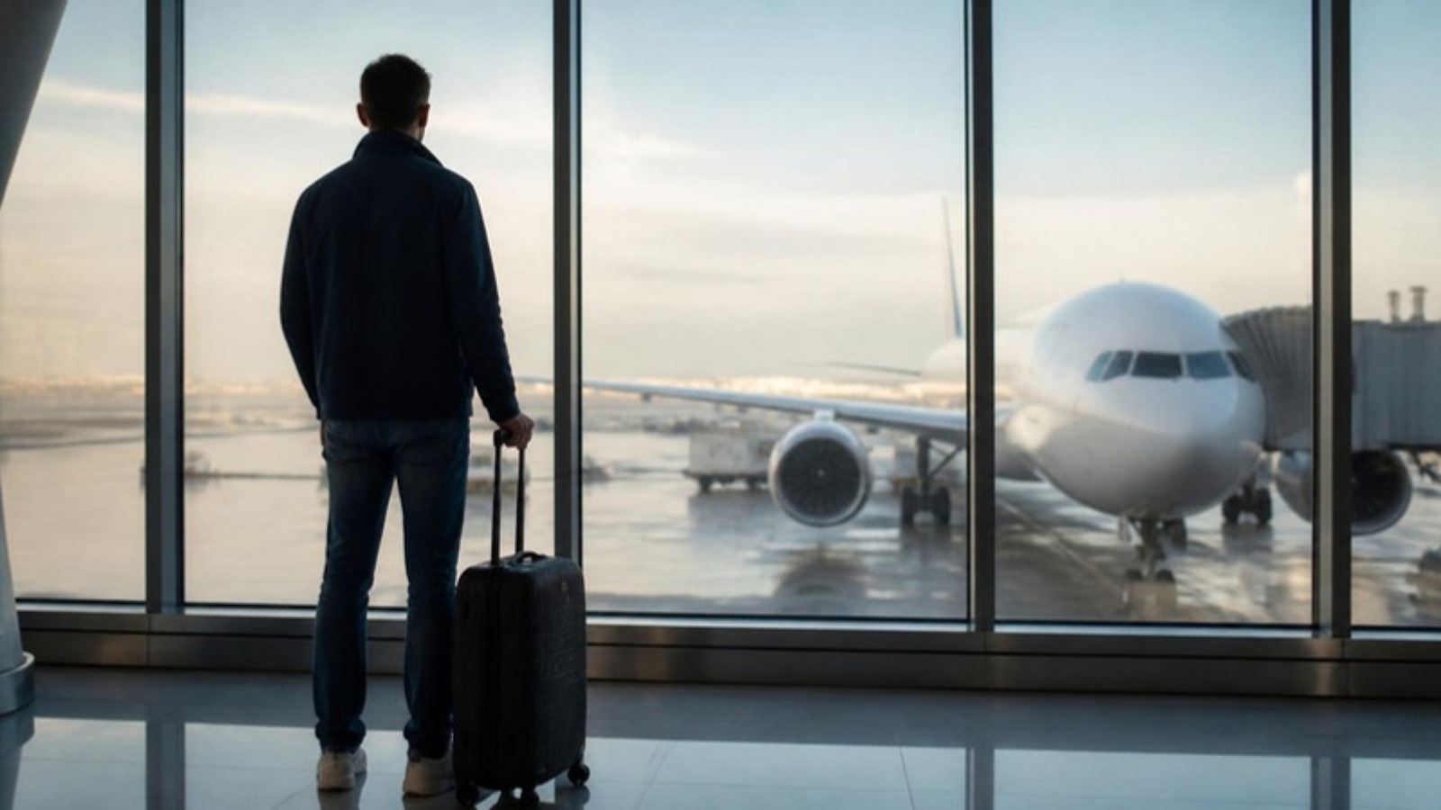 Voyageur de dos avec une valise à roulettes devant les baies vitrées d’un terminal d’aéroport, un avion de ligne stationné au contact en arrière-plan