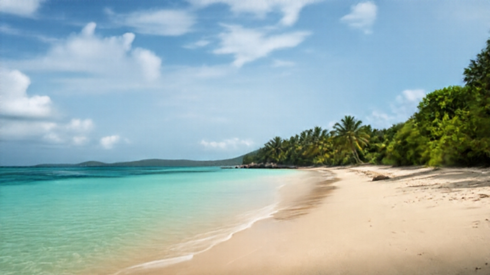 Vue aérienne d’un lagon turquoise bordé d’une plage de sable blanc et de cocotiers aux Antilles.