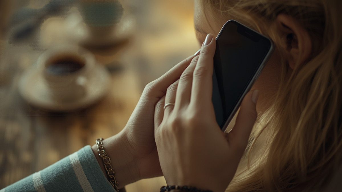 Femme au téléphone près d'une fenêtre, appel longue distance passé depuis la France