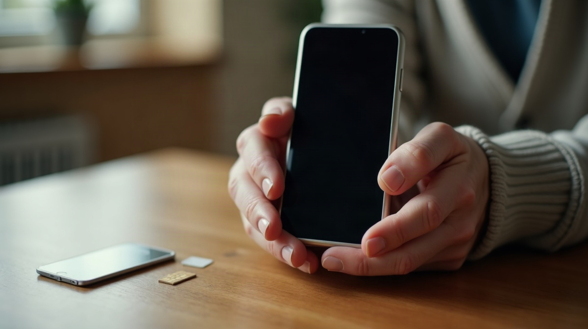 Main tenant un téléphone mobile posé près d'une carte SIM sur une table en bois