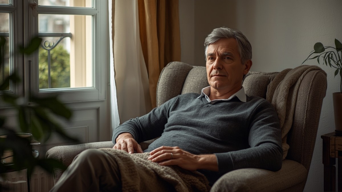 Homme d'une quarantaine d'années en convalescence chez lui, assis dans un fauteuil près d'une fenêtre, une couverture posée sur les jambes