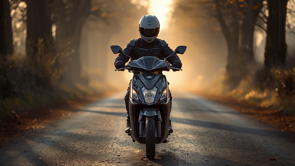 Motard equipe au guidon d'un scooter 125 sur une route de campagne au lever du jour
