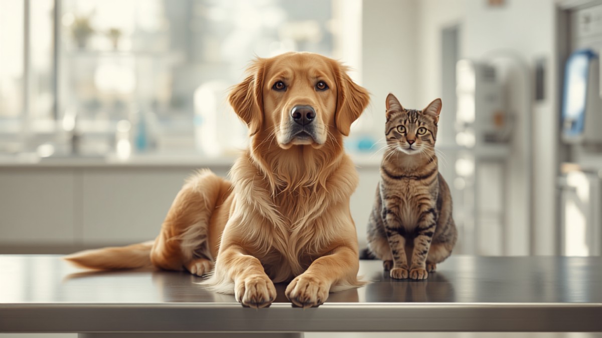 Un chien golden retriever et un chat tigré assis côte à côte sur la table d'examen d'un cabinet vétérinaire