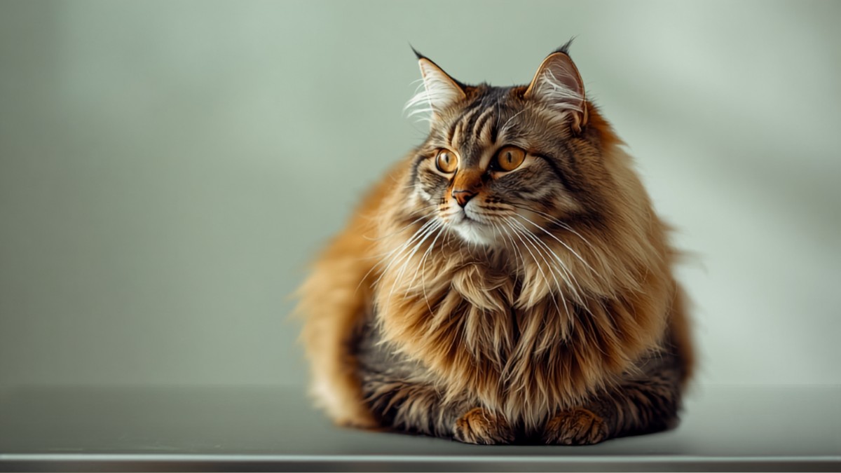 Chat Maine Coon assis sur la table d'examen d'un cabinet vétérinaire