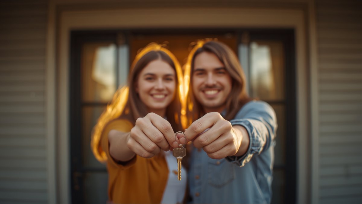 Jeune couple recevant les clés de sa maison après la signature de son prêt immobilier