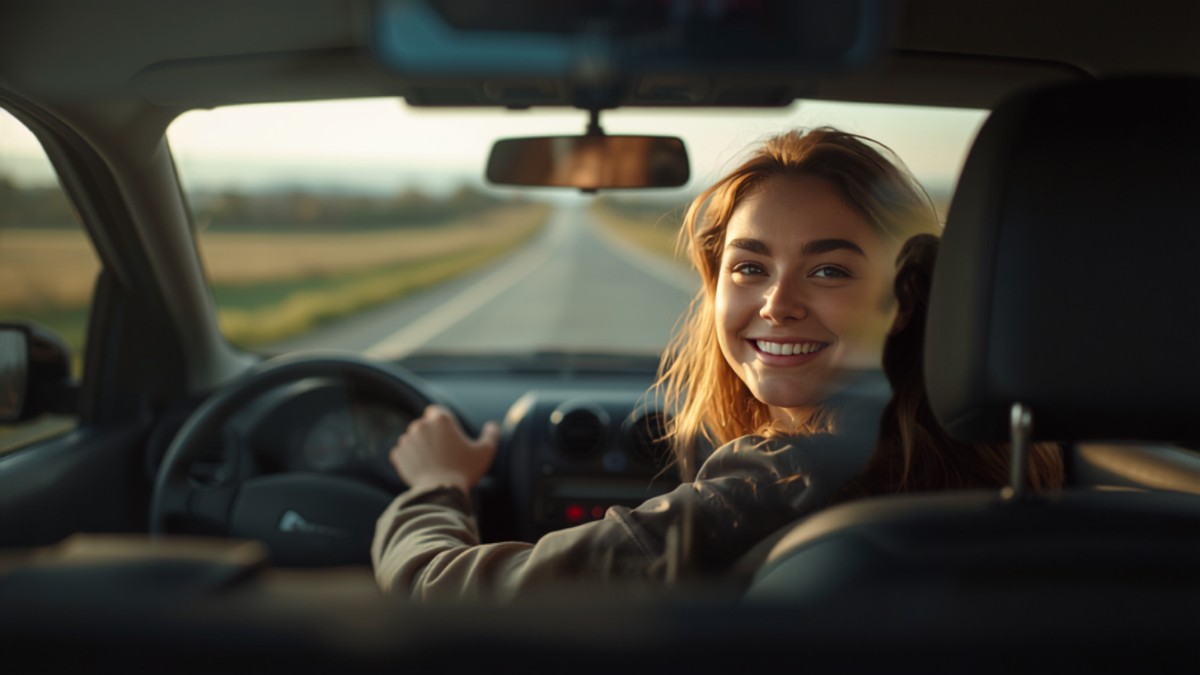 Jeune conductrice souriante au volant d'une petite citadine sur une route de campagne