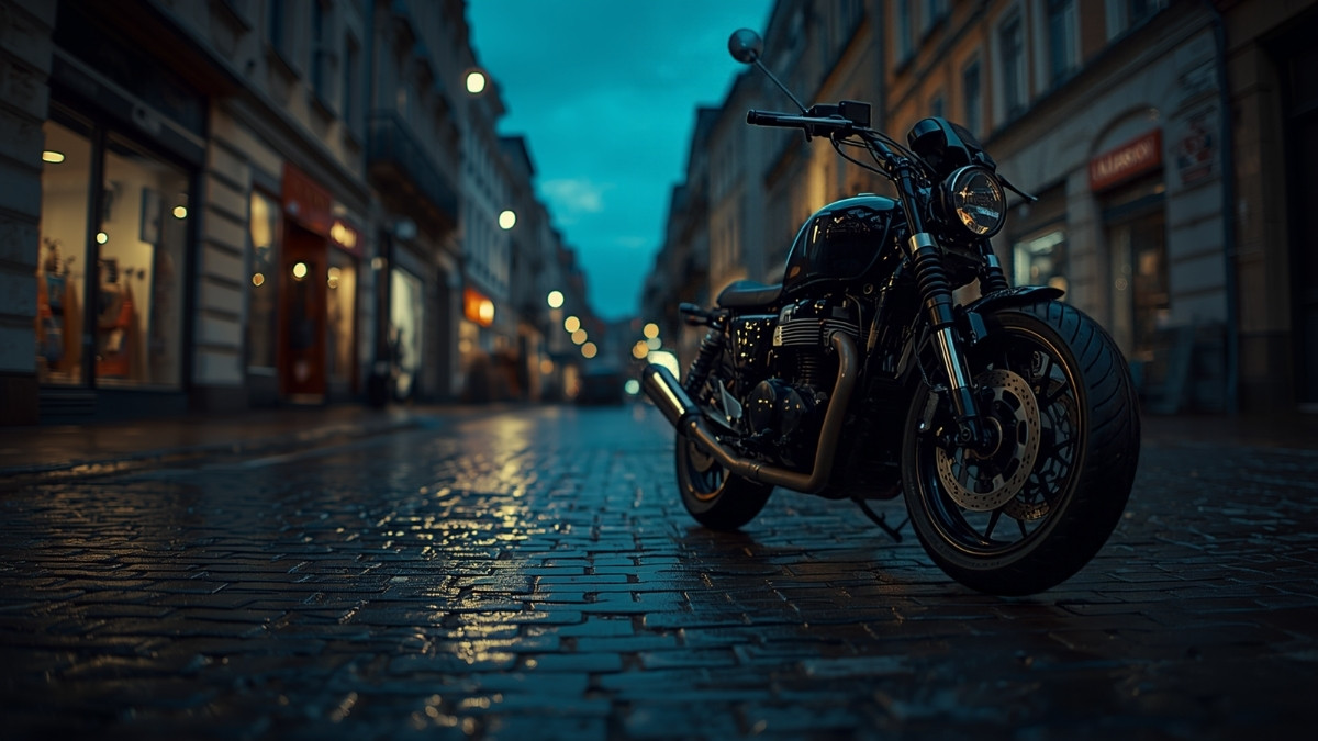 Moto roadster sombre stationnée sur une rue pavée mouillée d'une ville européenne à la tombée de la nuit