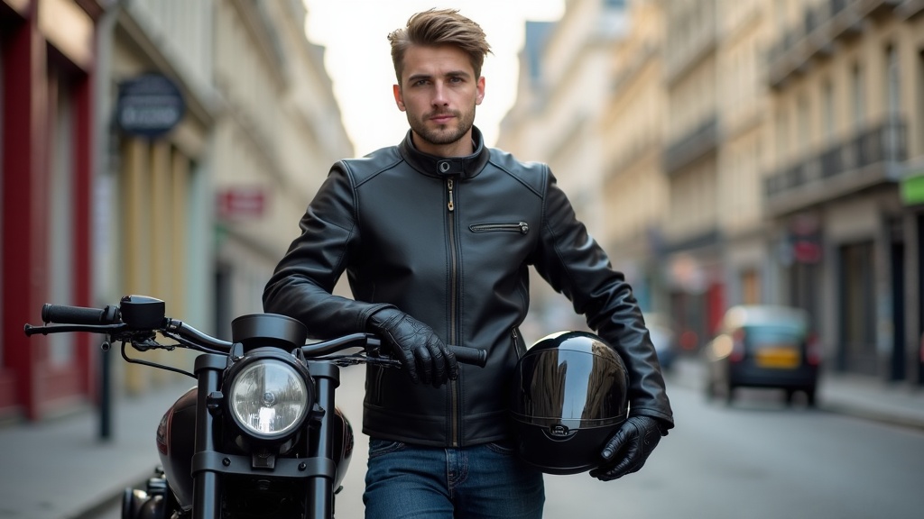 Jeune motard debout à côté de sa moto 125 dans une rue française, casque à la main
