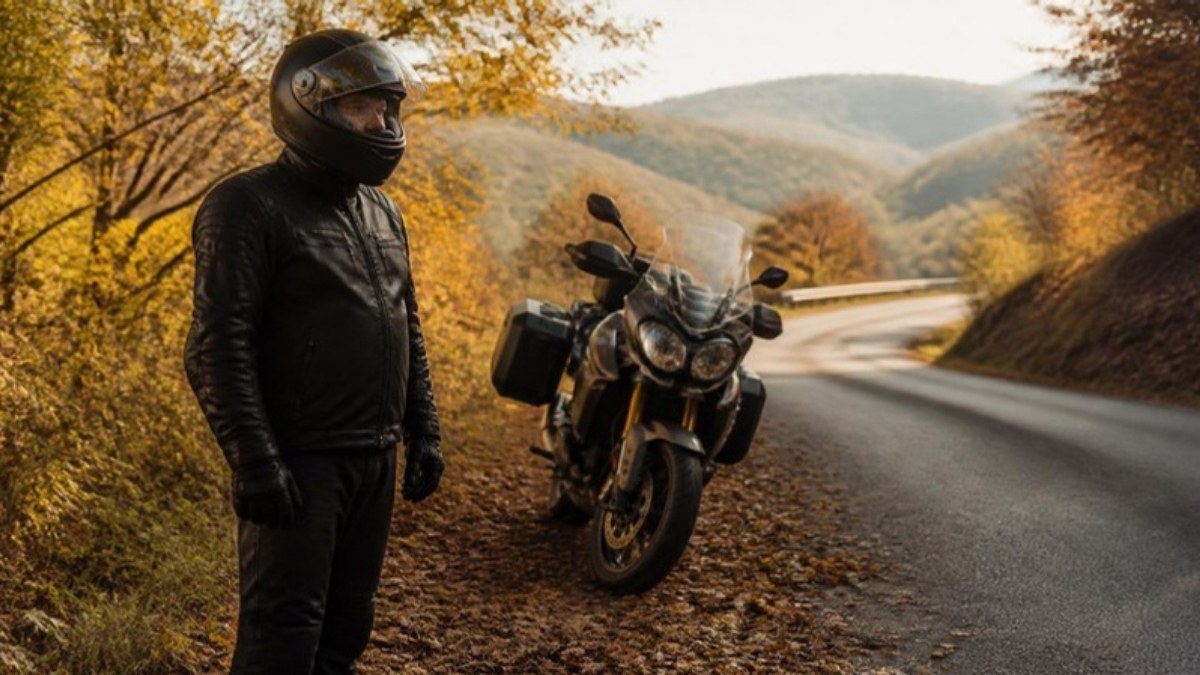 Motard en équipement complet à l'arrêt près de sa moto sur une route de campagne en automne