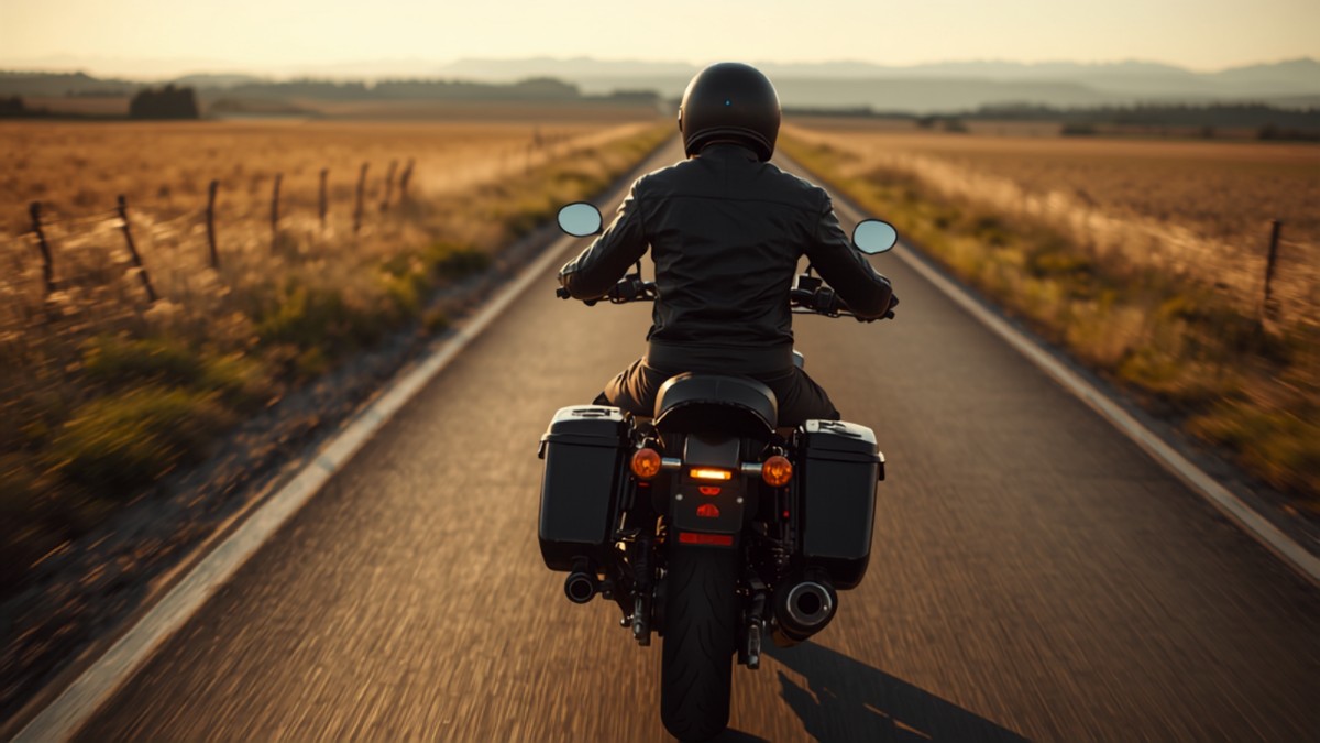 Motard en equipement complet roulant sur une route de campagne au coucher du soleil