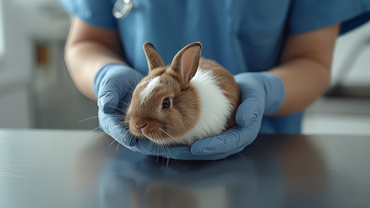 Lapin nain brun et blanc tenu par un vétérinaire en blouse bleue sur une table d'examen en inox