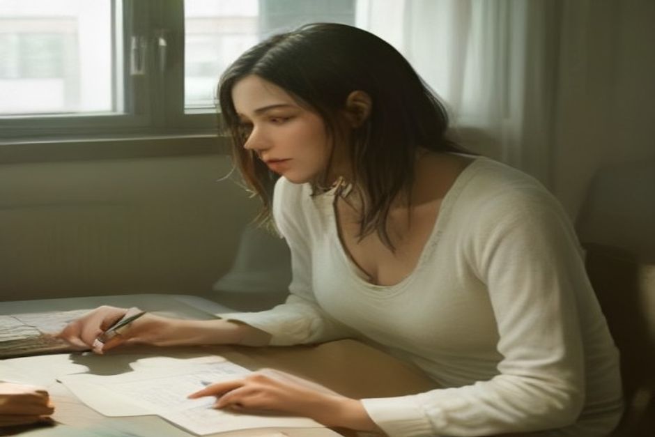 Femme assise à une table près d'une fenêtre, relisant des documents de prêt immobilier