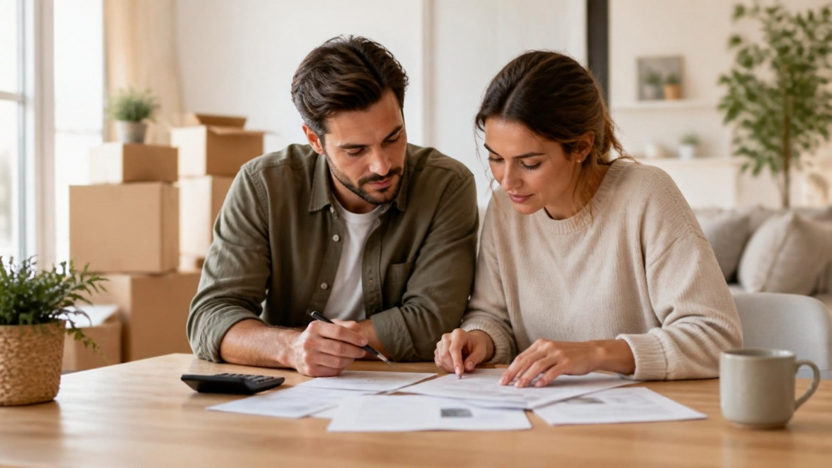 Un couple examine les documents de son prêt immobilier avec une calculatrice, dans un appartement lumineux