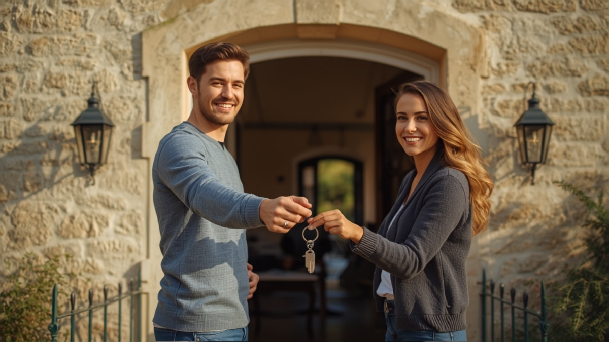 Un couple reçoit les clés de sa maison après la signature de son prêt immobilier