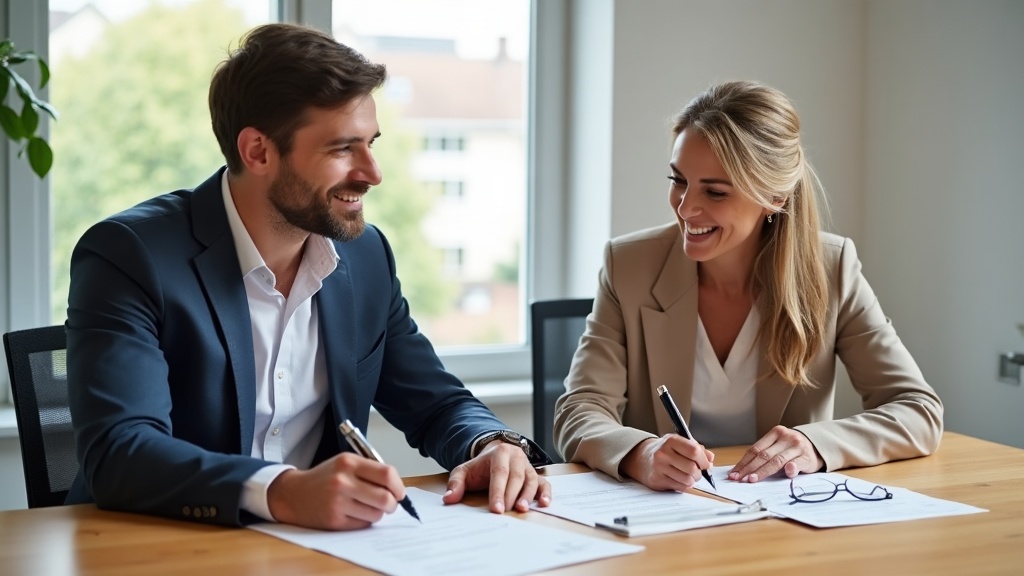 Couple de quinquagénaires signant les documents de leur prêt immobilier