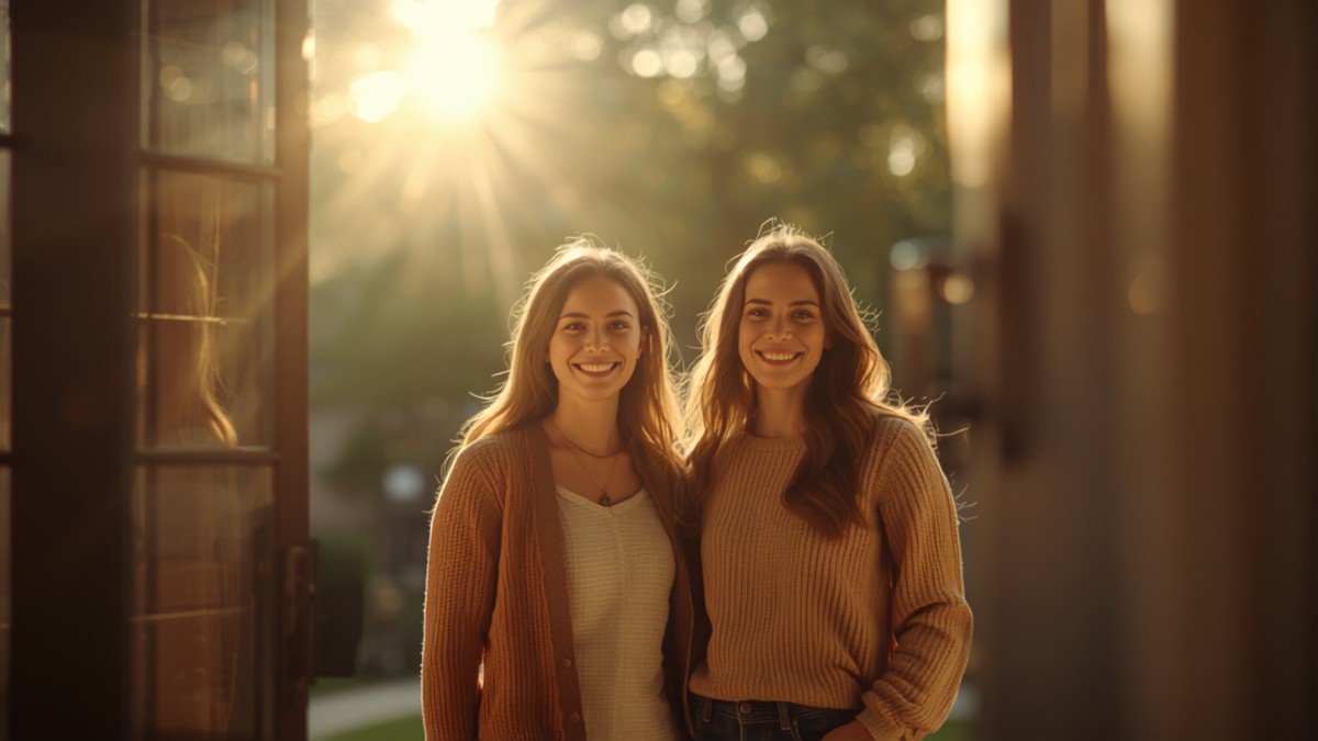 Couple souriant sur le seuil de sa maison au soleil couchant apres l'achat de son logement