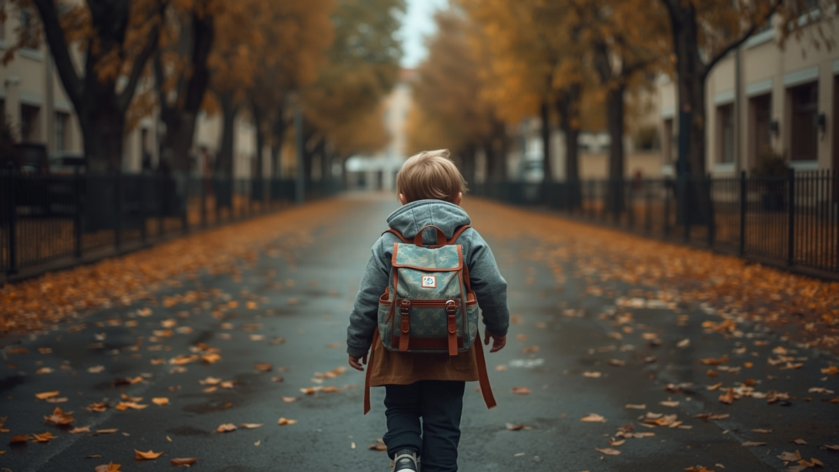 Enfant de dos portant un cartable sur le chemin de l'école, allée bordée d'arbres en automne