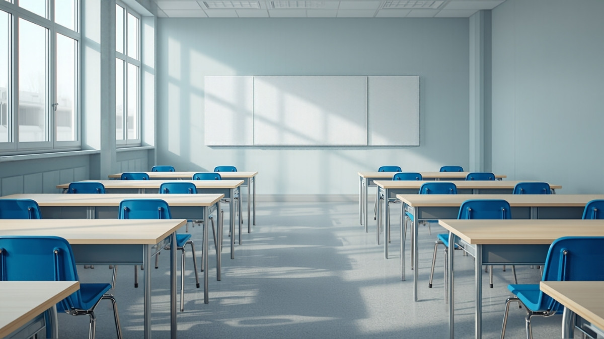 Salle de classe d'école primaire vide, tables en bois clair et chaises bleues, lumière du jour par de grandes fenêtres