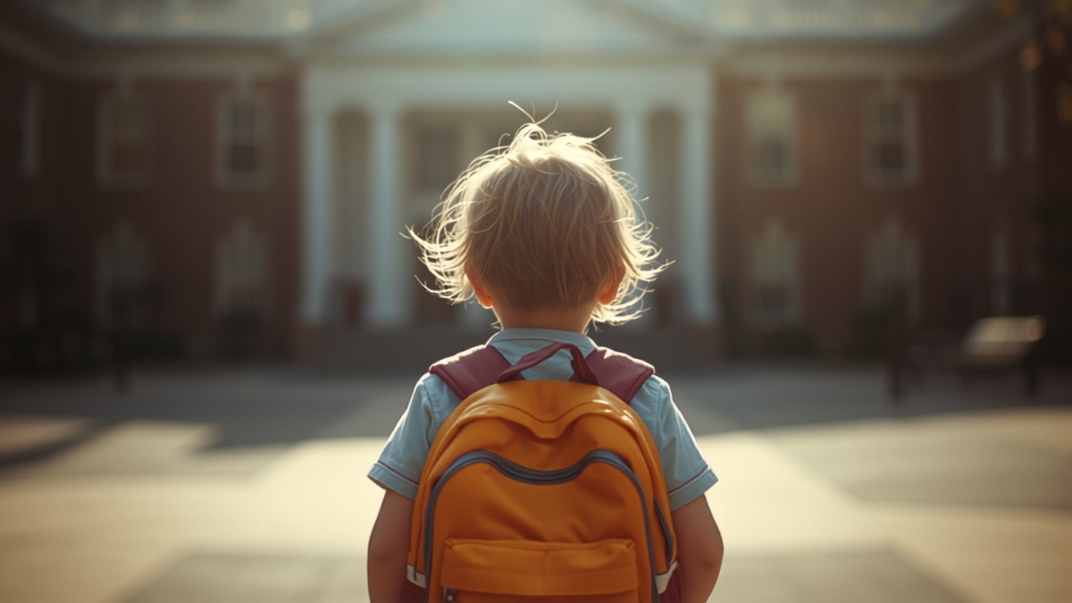 Enfant de dos portant un cartable orange dans la cour de son école le jour de la rentrée