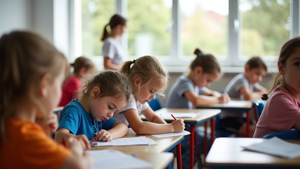 Enfant de dos portant un cartable orange dans la cour de son école le jour de la rentrée