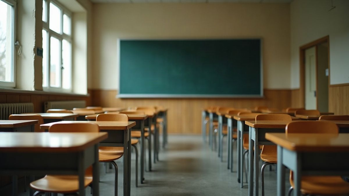 Salle de classe d'école élémentaire vide, rangées de tables et tableau vert