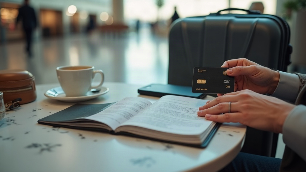 Mains d'un voyageur tenant une carte bancaire au-dessus d'un passeport sur une table de café d'aéroport