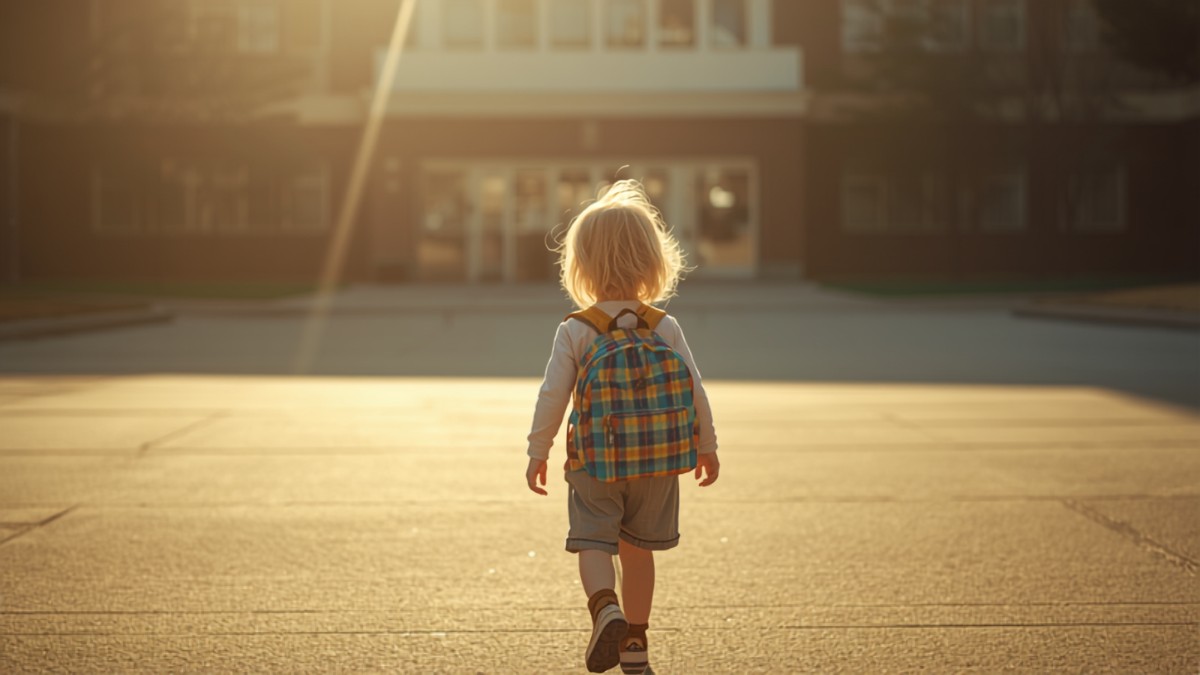 Enfant portant un cartable devant une école, à la rentrée scolaire