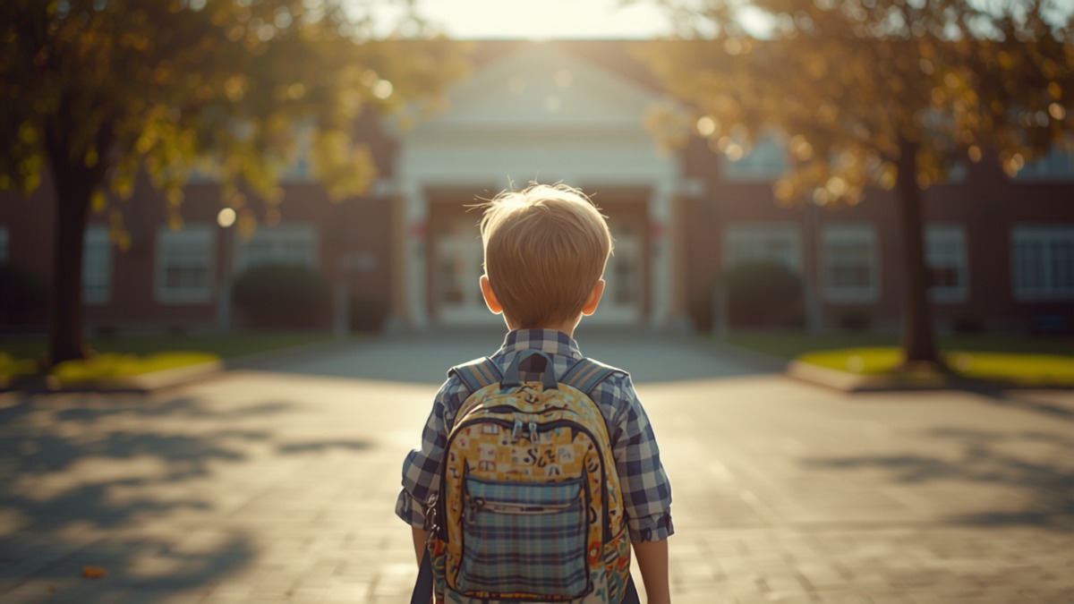 Jeune écolier de dos portant son cartable devant son école un matin de rentrée