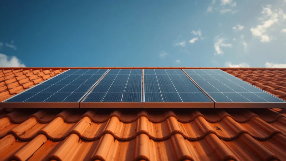Panneaux solaires photovoltaïques sur le toit d'une maison individuelle française par temps ensoleillé