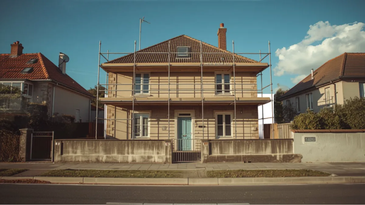 Maison individuelle sous échafaudage en cours d'isolation par l'extérieur, vue depuis le trottoir