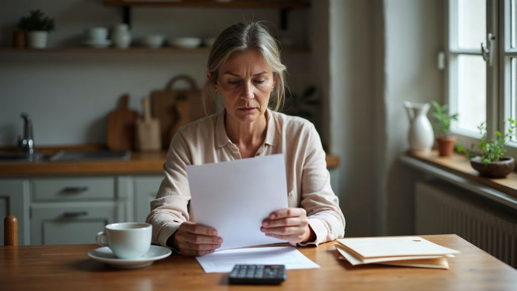 Femme lisant son avis d'échéance d'assurance habitation à la table de sa cuisine