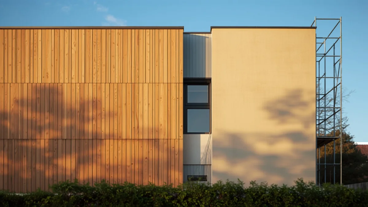 Façade de maison isolée par l'extérieur, moitié bardage bois moitié enduit de finition