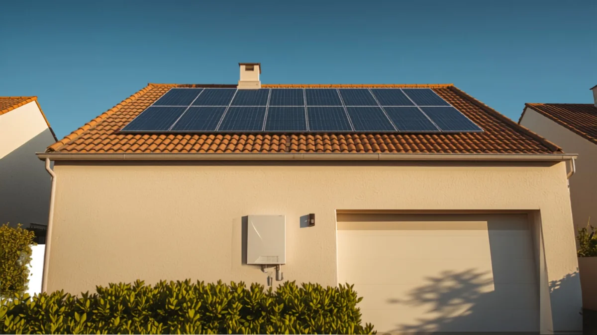 Batterie de stockage solaire murale installée sur la façade d'une maison équipée de panneaux photovoltaïques