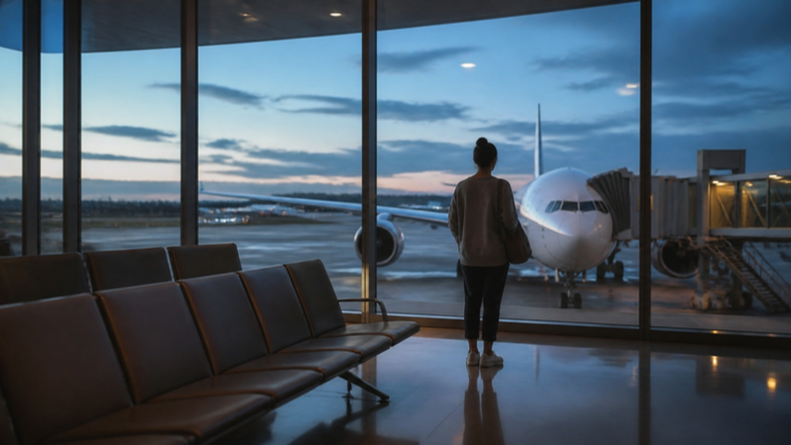 Porte d’embarquement d’un terminal au crépuscule, un avion stationné derrière les baies vitrées