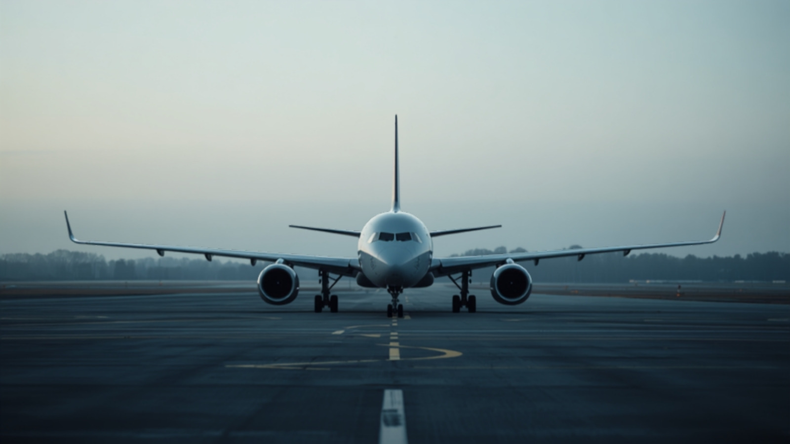 Avion de ligne vu de face, au roulage sur la piste d’un aéroport dans une lumière matinale brumeuse.