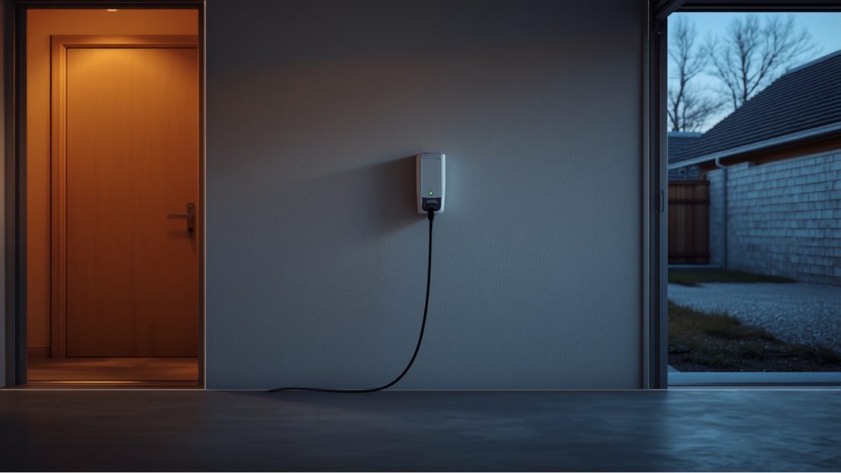 Câble de recharge branché sur une borne murale blanche dans le garage d'une maison individuelle, à la tombée du jour