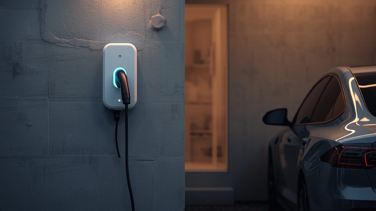Borne de recharge murale blanche dans le garage d'une maison individuelle le soir, câble branché sur une voiture électrique grise, voyant lumineux bleu allumé