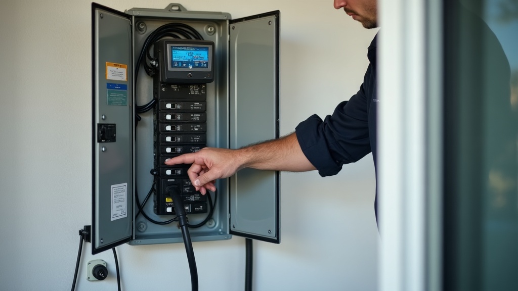 Tableau électrique d'une maison et câble de recharge de voiture électrique