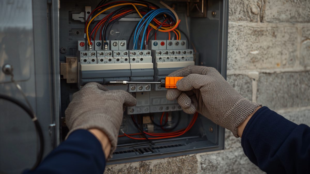 Mains gantées d'un électricien vérifiant un tableau électrique domestique ouvert avec un tournevis isolé