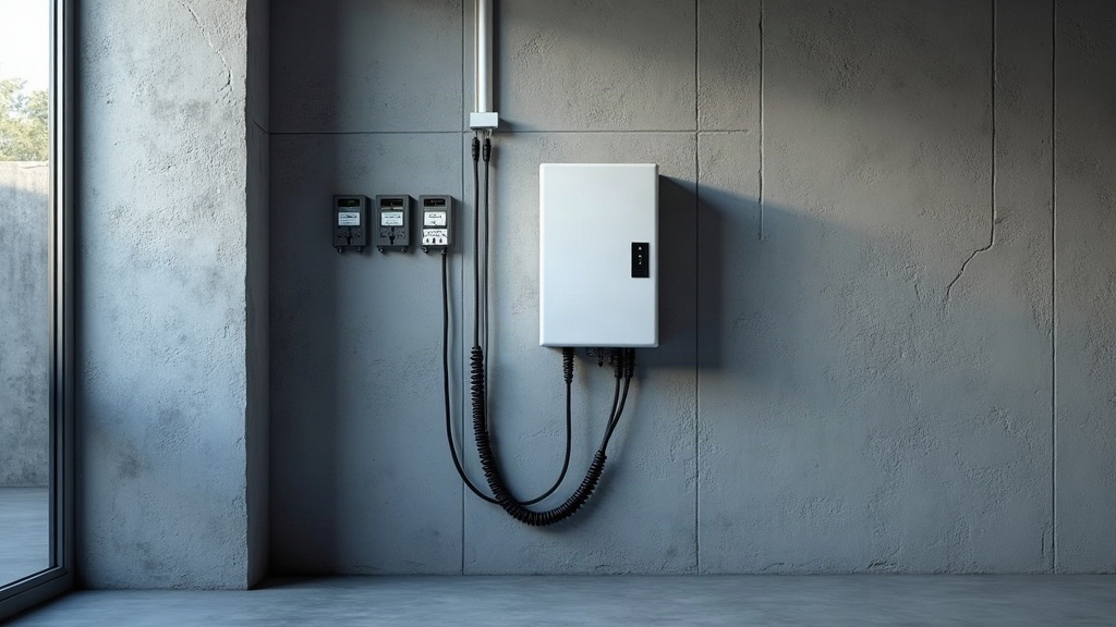 Borne de recharge murale blanche fixée au mur d'un garage, connecteur Type 2 dans son support, tableau électrique ouvert à côté