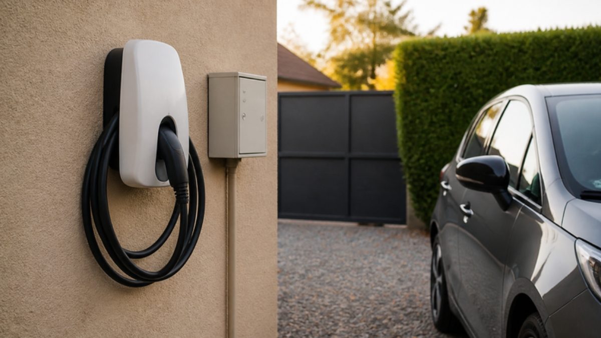 Borne de recharge murale blanche fixée au mur crépi d'une maison individuelle, câble enroulé sur son support, voiture électrique grise stationnée sur l'allée en gravier, lumière de fin d'après-midi