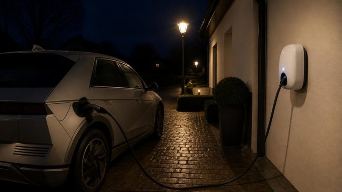 Borne de recharge murale blanche branchée sur une voiture électrique dans l'allée d'une maison, de nuit