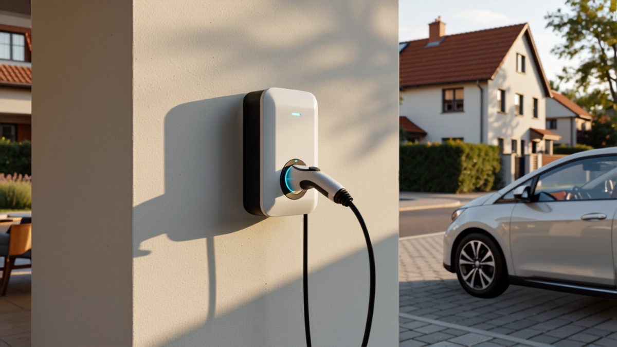 Borne de recharge murale blanche branchée sur une voiture électrique devant une maison