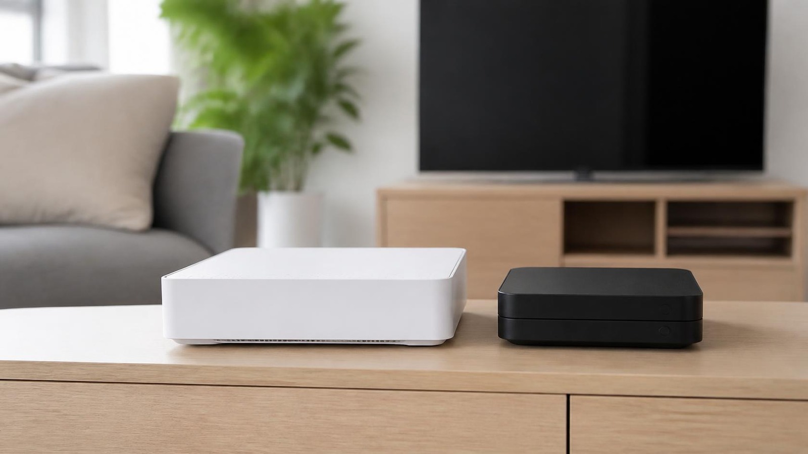 Box internet et décodeur TV posés sur un meuble bas dans un salon