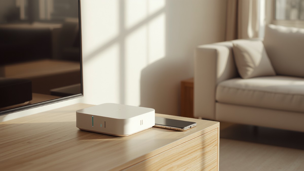 Box internet blanche posée sur un meuble en bois clair à côté d'un smartphone, dans un salon lumineux
