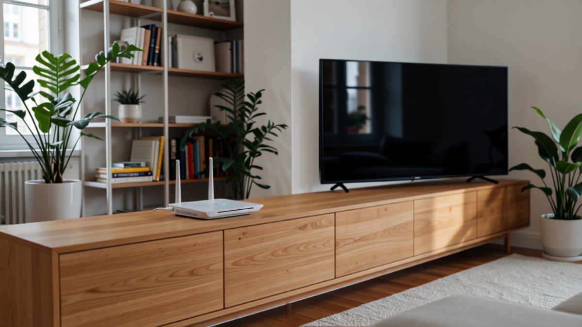 Box internet fibre posée sur un meuble de salon devant une télévision