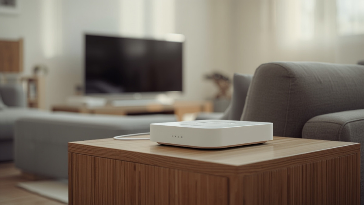 Box internet blanche posée sur un meuble en bois clair dans un salon, canapé gris et téléviseur en arrière-plan