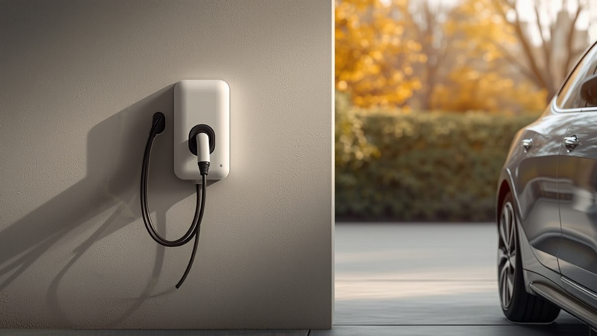 Borne de recharge murale blanche installée dans le garage d’une maison individuelle, câble enroulé et voiture électrique grise branchée